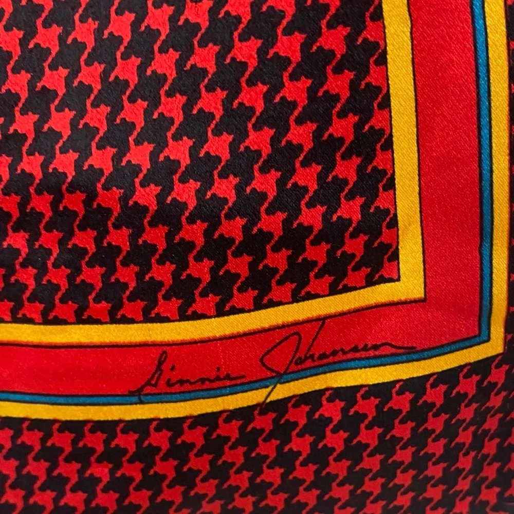 Vintage Ginnie Johansen Red Black Yellow Houndstooth Long Silk Scarf